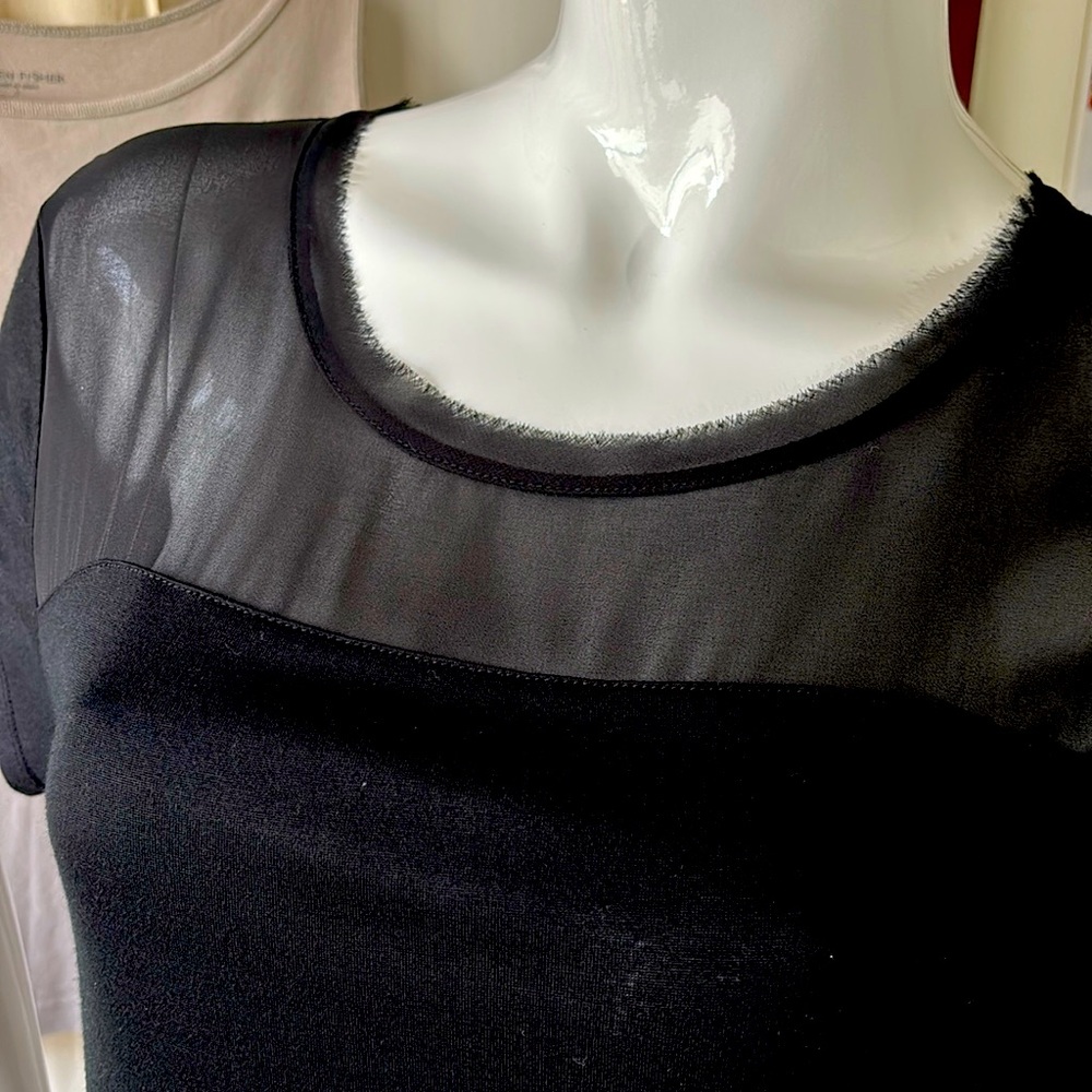 Ann Taylor Loft Blk Short Sleeve Top w Sheer Panel at Neckline.